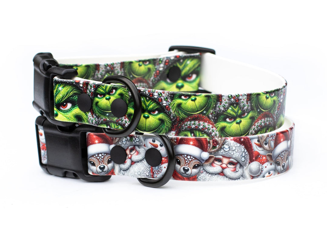 Dog collar with Grinch and Santa Claus design on a white background