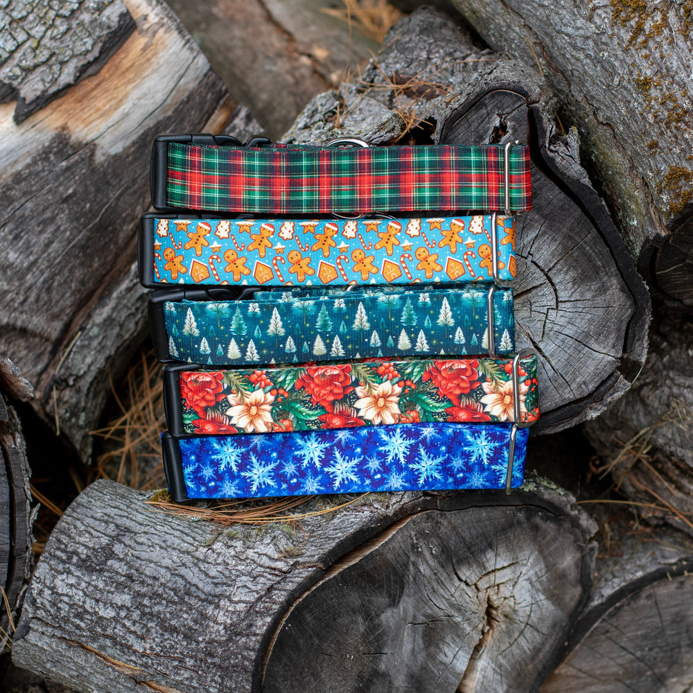 Stack of colorful patterned Christamss collars on a wooden surface