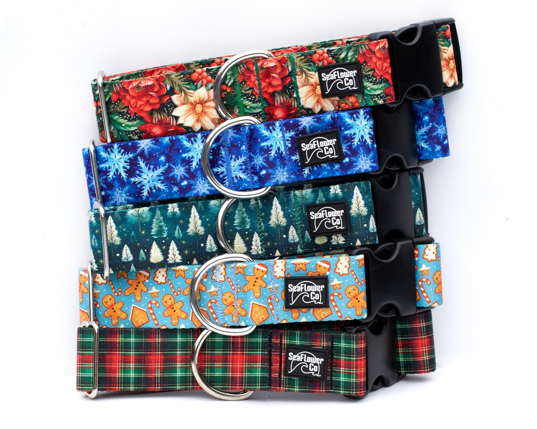Set of colorful dog collars with floral, Christmas-themed, and plaid patterns on a white background.