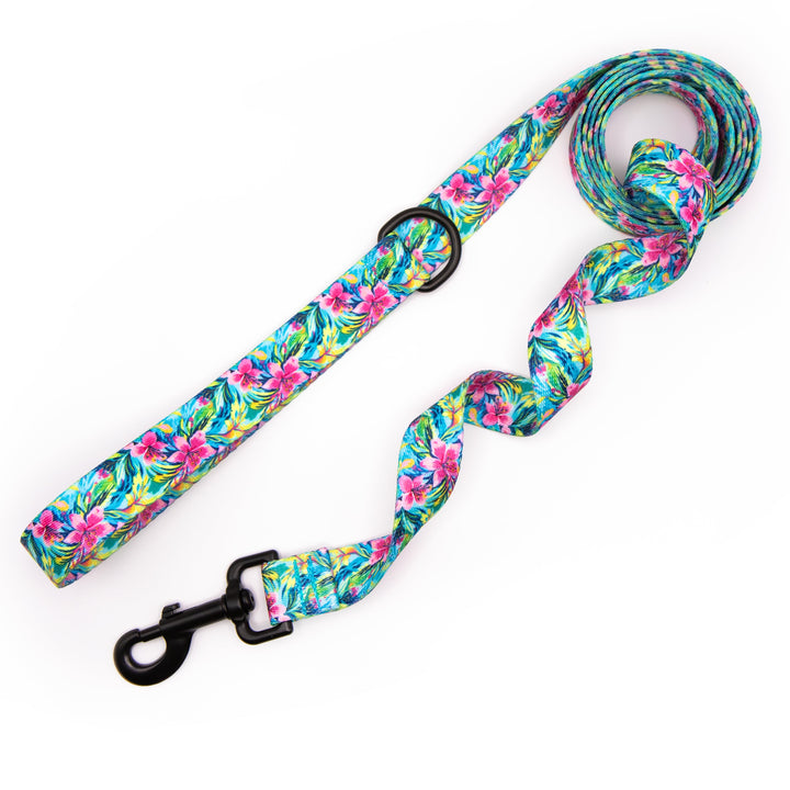 Tropical Floral patterned dog leash on a white background