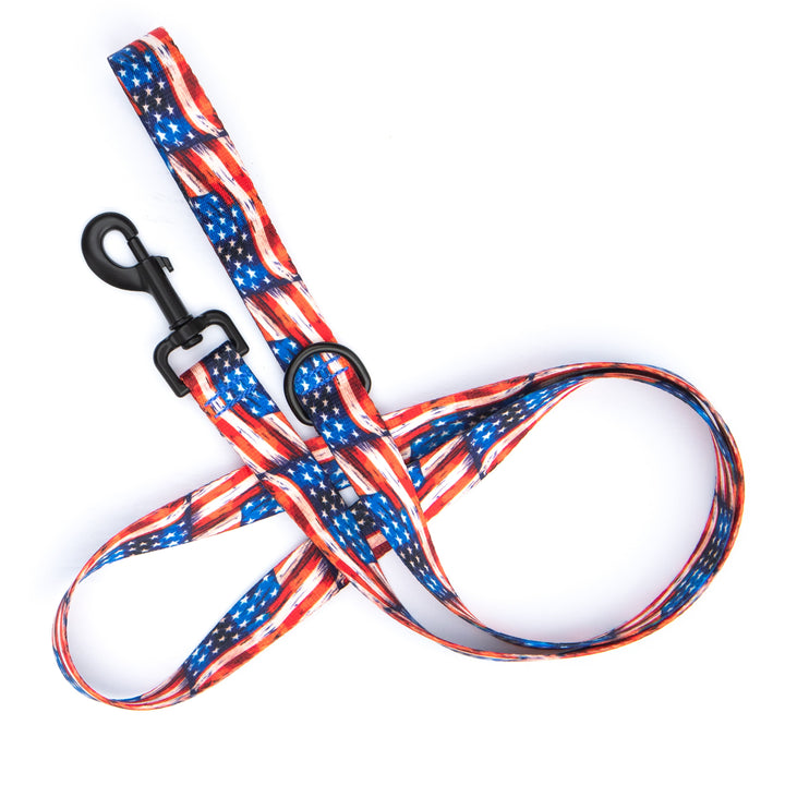 A dog leash with a red, white, and blue American flag pattern, featuring a black metal clasp and a black ring, laid out on a plain white background.