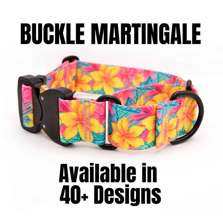 A colorful dog collar with a tropical floral print in pink, yellow, and blue, featuring a black buckle and black metal ring. Bold black text above and below reads &