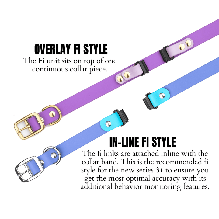 Two dog collars with text explaining Overlay FI Style and In-Line FI Style.