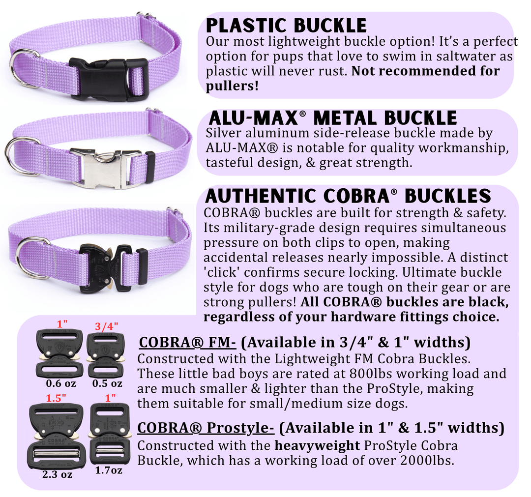 Dog collar with different buckle options and specifications on a white background