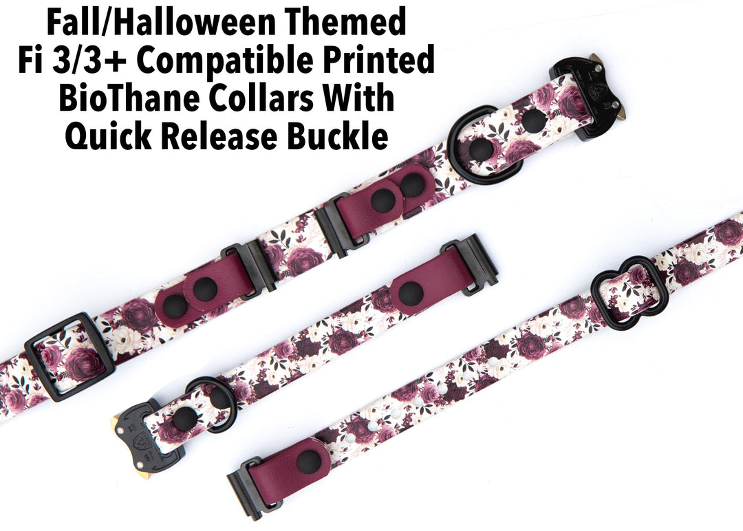 Fall/Halloween Themed Fi 3/3+ Compatible UV printed BioThane collars with Quick Release buckle